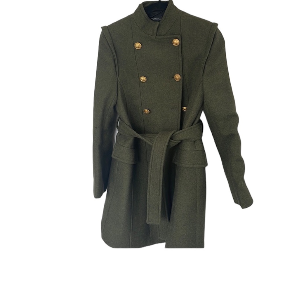 NWOT Zara military double breasted belted wool winter fall coat army green XS